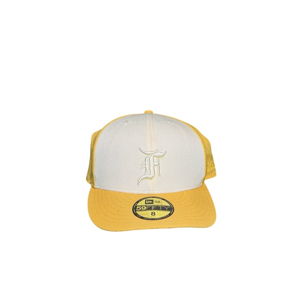 Fear of God Essentials New Era 59FIFTY Fitted Hat Yellow White Size 8 Wool